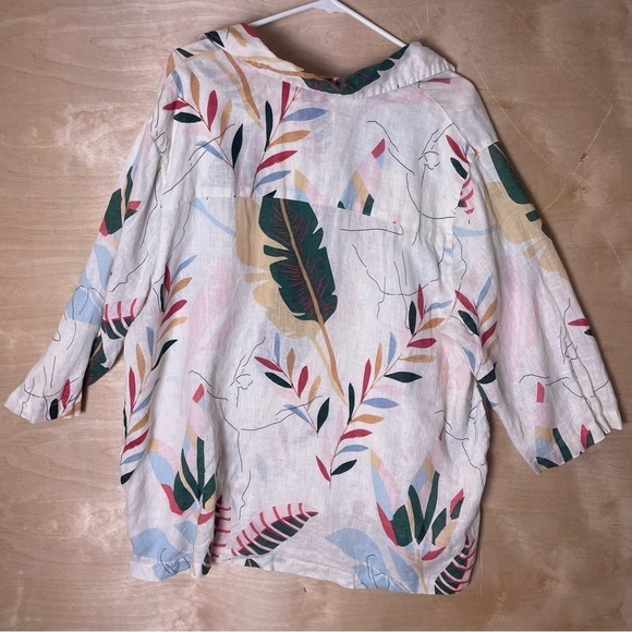 100% Linen blouse 2X  tropical leaf print beach vibes coastal Cynthia Rowley - Picture 2 of 8